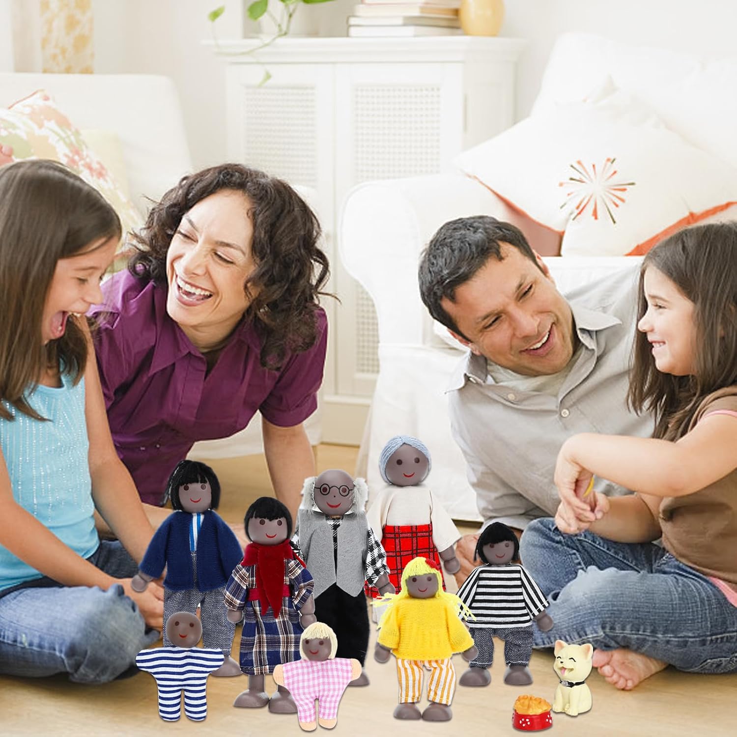 ONEST Juego de 20 piezas de casa de muñecas de madera, mini figuras de personas, juegos de perros y gatos, muñecas de madera, muñecas de madera,