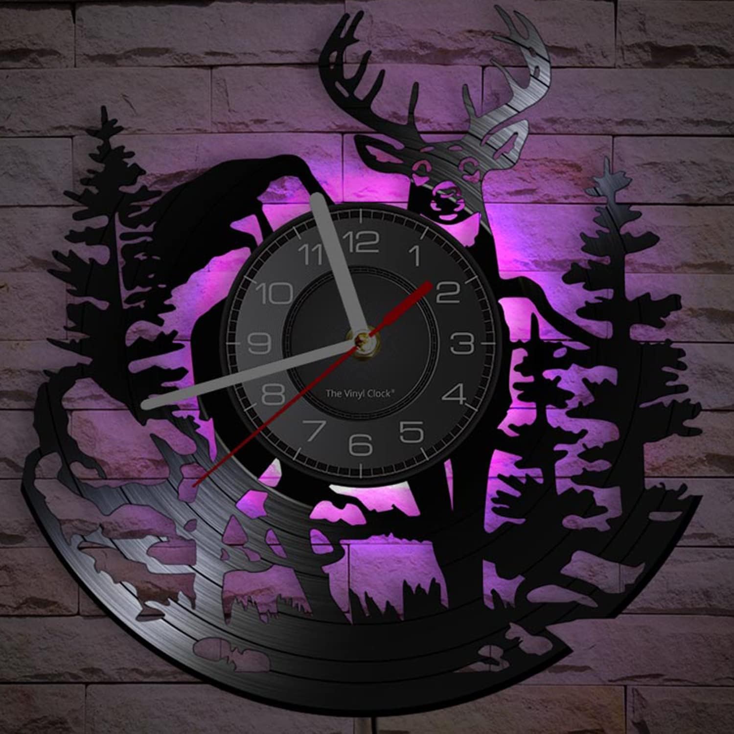 Reloj de pared de disco de vinilo de caza de ciervos con 7 luces LED que cambian de color, reloj silencioso, naturaleza, vida silvestre, paisaje,