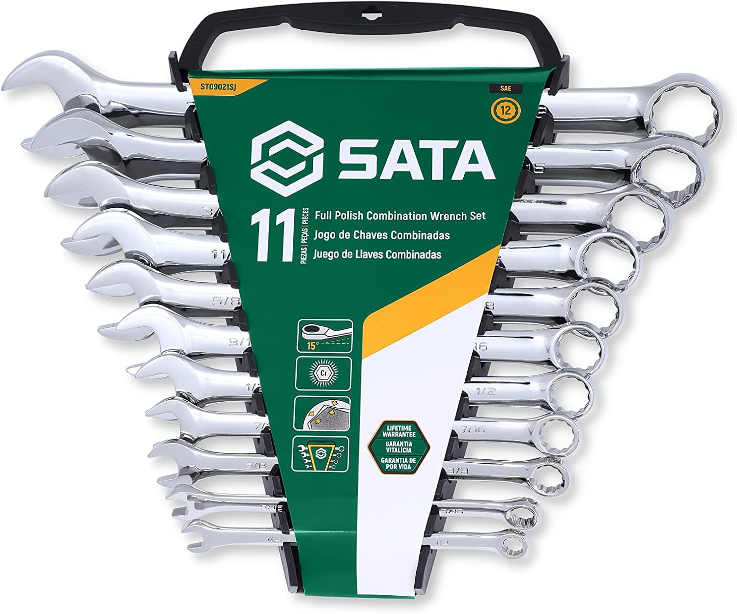 SATA – ST09021SJ – Juego de llaves inglesas combinadas SAE, con exhibidor, totalmente de cromo pulido, de 14 a 78 pulgadas.