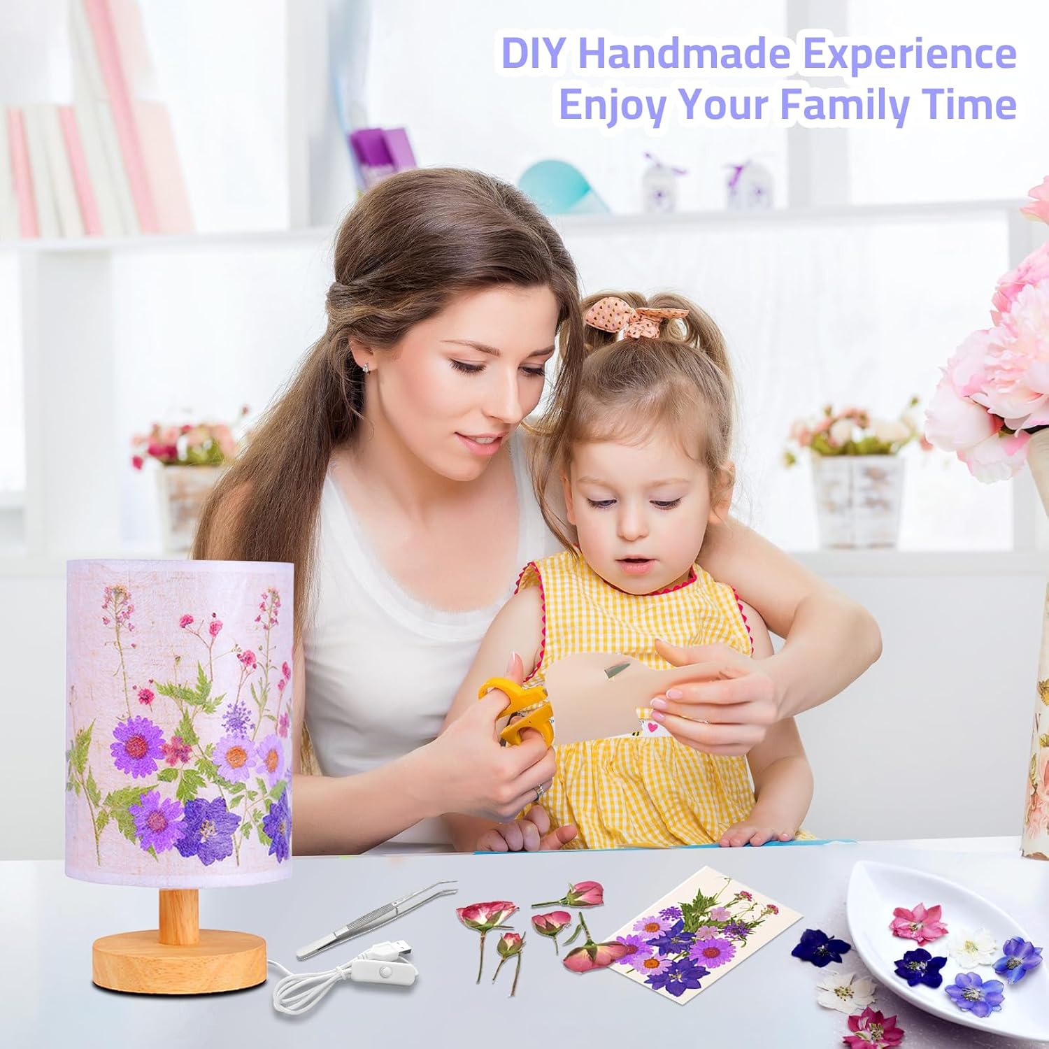 Lámpara de mesa de flores con base de madera, lámpara de mesa con pantalla de lino, lámparas pequeñas para mesita de noche, dormitorio, sala de