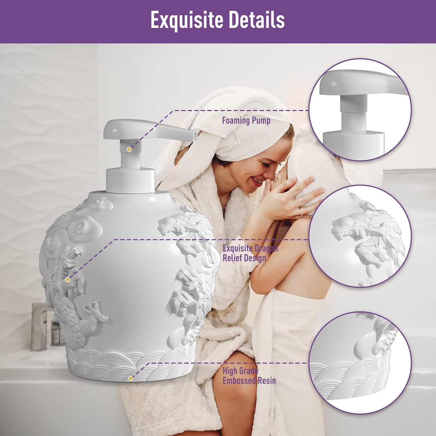 Dispensador de jabón de manos espumoso, dispensador de jabón de espuma de baño con alivio decorativo de dragón, dispensador de jabón de manos en