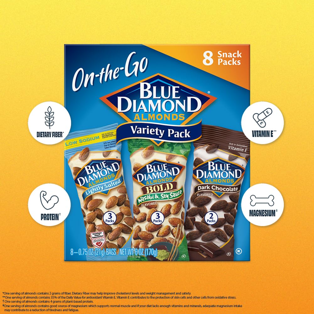 Blue Diamond Almonds Paquete variado de nueces para niños, oficina, escuela, sobre la marcha, paquetes individuales de 0.75 onzas sin gluten, wasabi