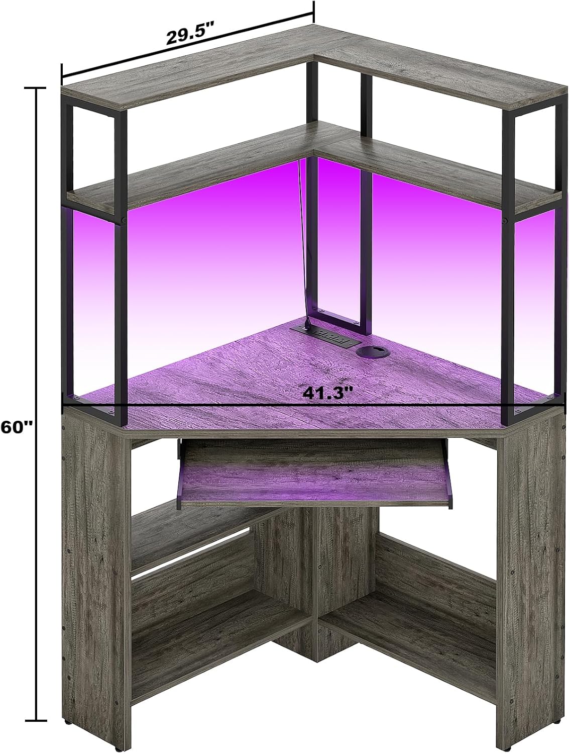 Cyclysio Escritorio esquinero pequeño con gabinete, escritorio de esquina para computadora con tomas de corriente y luz LED, escritorio de esquina