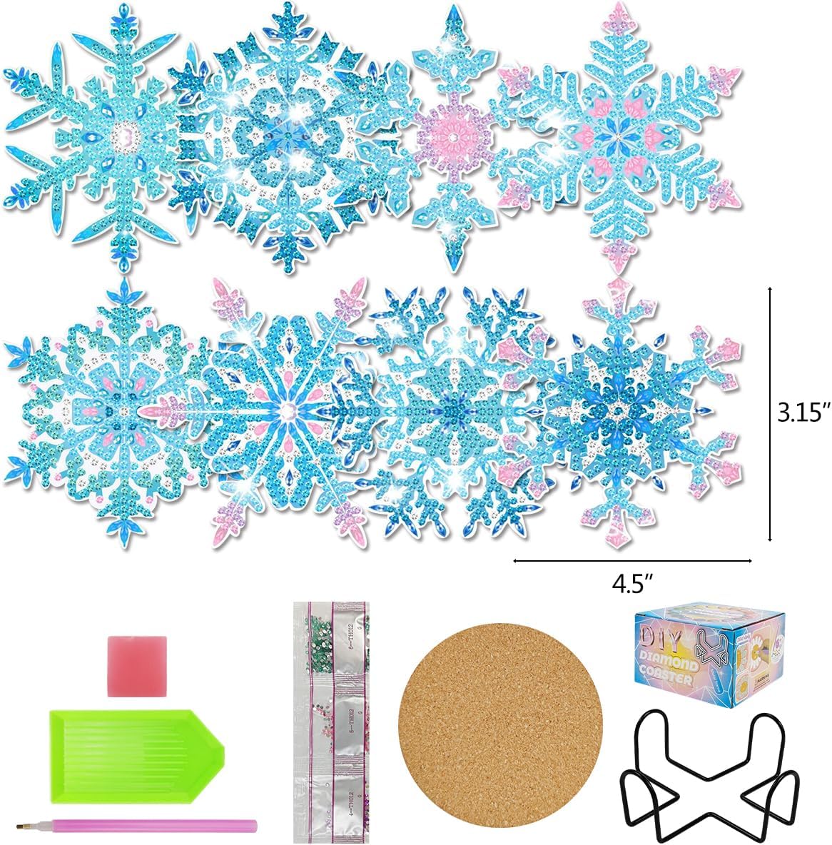 8 posavasos de pintura de diamantes de copo de nieve con soporte, posavasos de arte de diamantes de copo de nieve congelado, posavasos redondos de