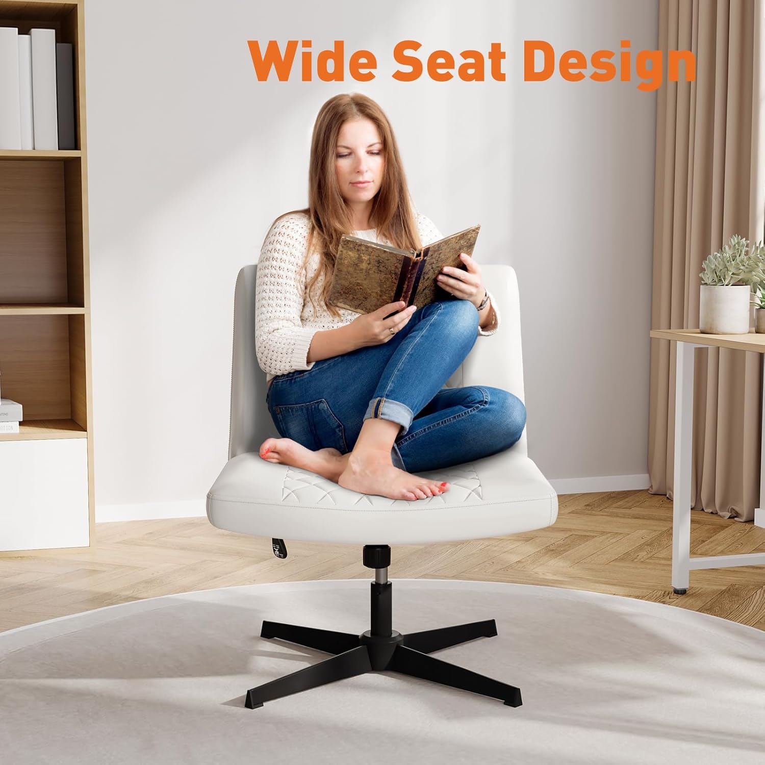 Silla de oficina sin brazos, silla de escritorio sin ruedas, silla de oficina con patas cruzadas, silla de oficina ancha de piel sintética, sillas