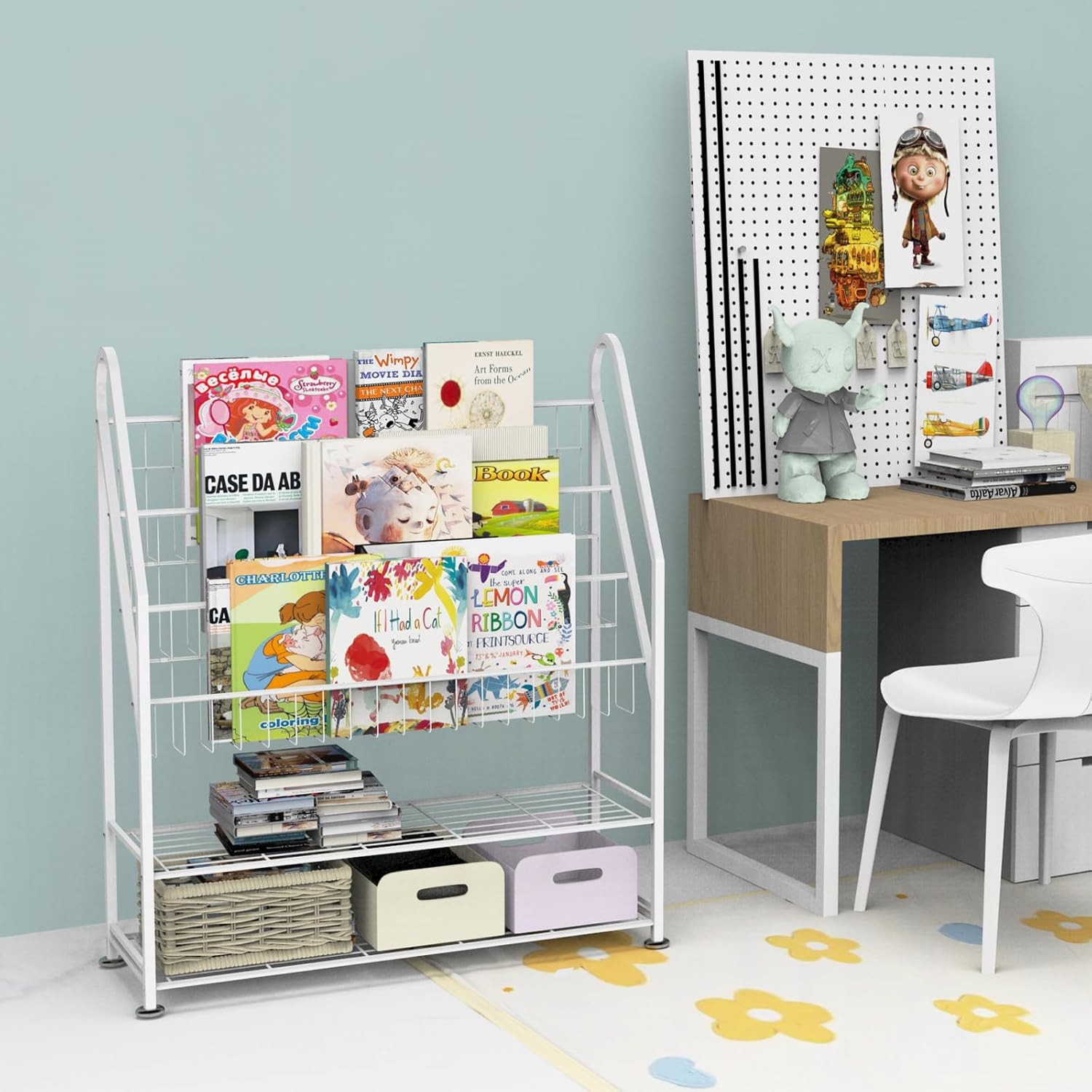 Estantería para niños independiente para habitación de los niños, estantería de metal blanco de 32 pulgadas, organizador de juguetes de gran