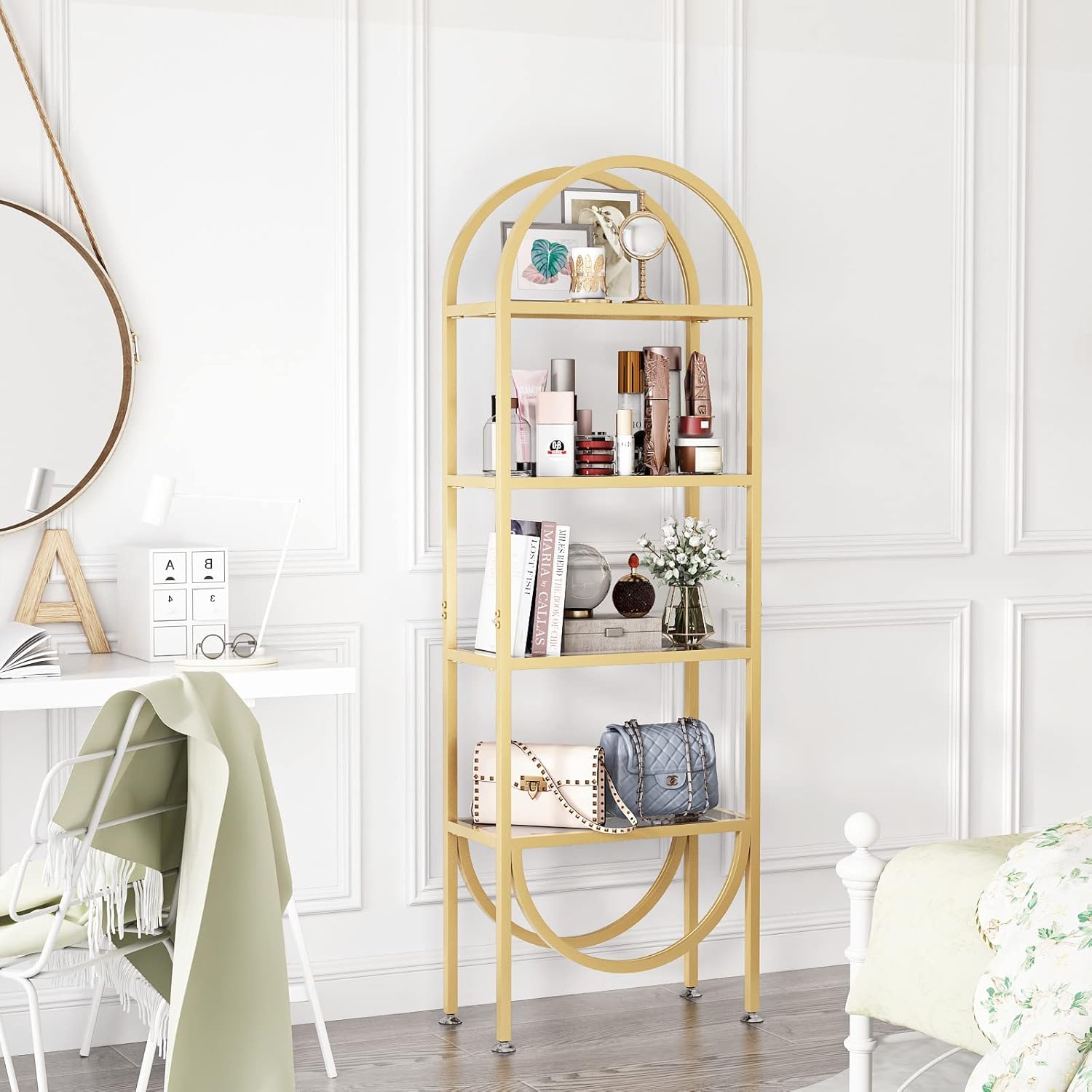 Freestanding Gold Bookshelves with Glass Shelves Storage, Modern Gold Bookcase with 4 Tier Glass Shelves, Gold Storage Organizer for Office, Living