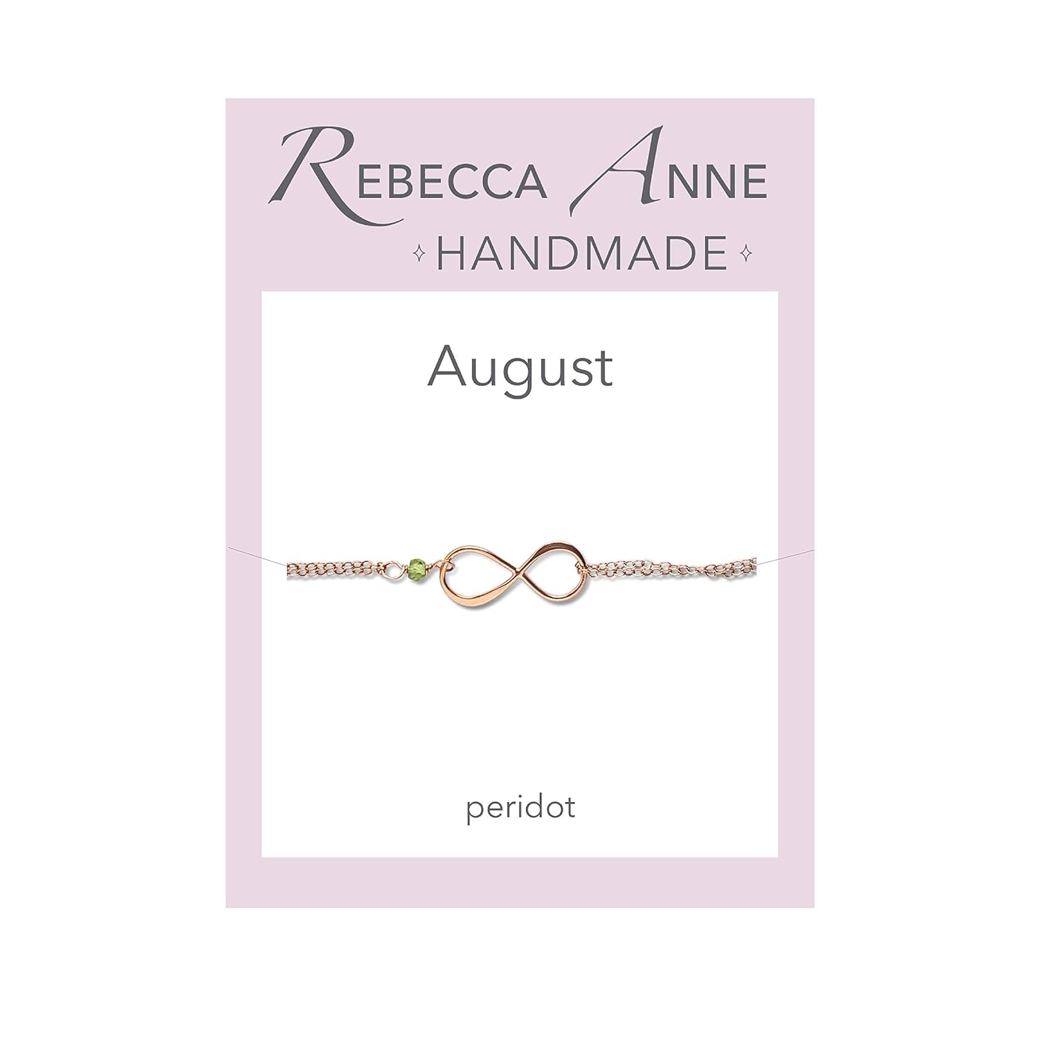 Rose Gold Birthstone Infinity Charm Bracelet – Peridot, Gold Fill, Vermeil – Handmade August Birthday Gift for Her