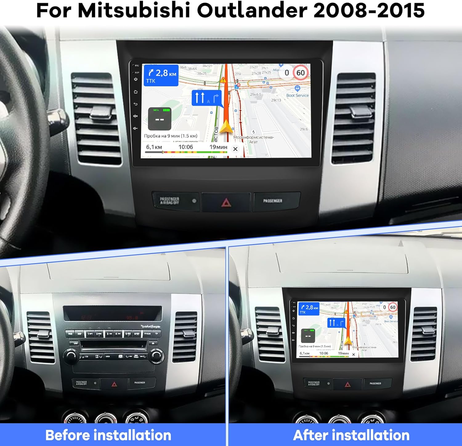 2G+64G Radio de coche para Mitsubishi Outlander 2008-2015, pantalla táctil Android estéreo de 9 pulgadas, CarplayAndroid AutoHi-Fi