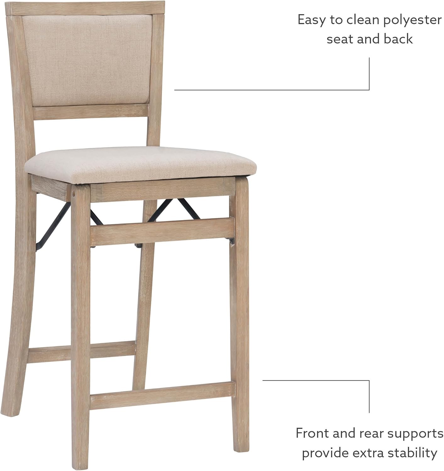 Linon Keira Taburete plegable de madera rústica natural con asiento tapizado beige y respaldo