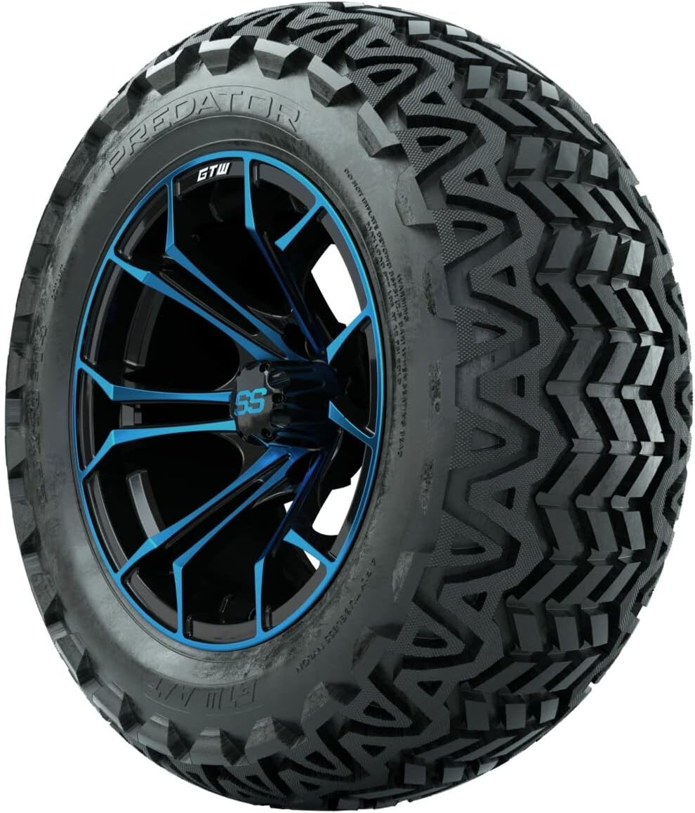 GTW Combo de ruedas y neumáticos para carrito de golf de 14 pulgadas, ruedas GTW Spyder azulnegro en neumáticos Predator todo terreno de 23 x 10-14