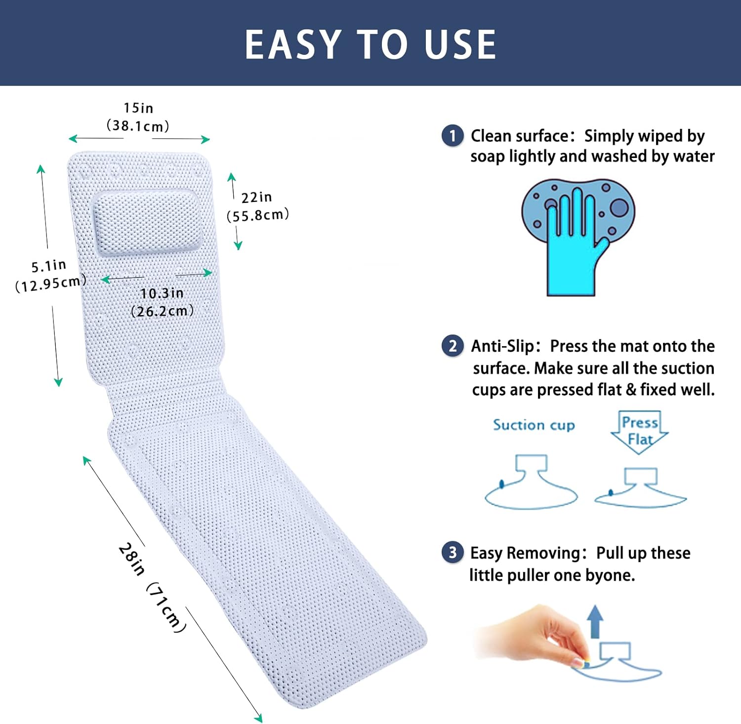 SurSoul – Almohada de baño de cuerpo completo, almohada de spa de secado rápido para bañera, almohada de bañera con PVC suave, cama de baño con