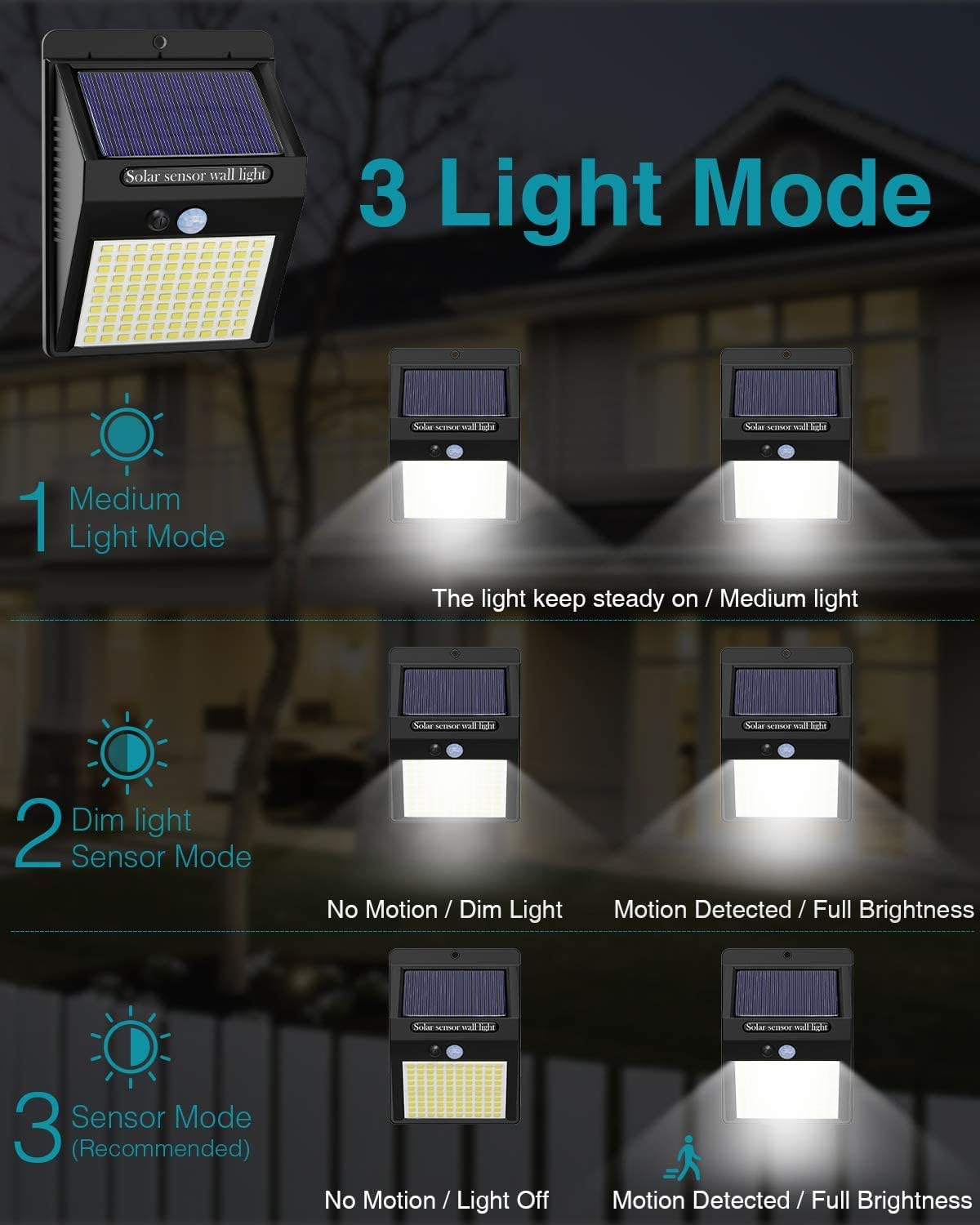 Paquete de 2 luces solares de movimiento al aire libre, 3 modos100 luces LED de seguridad solares inalámbricas IP65 impermeables con sensor de