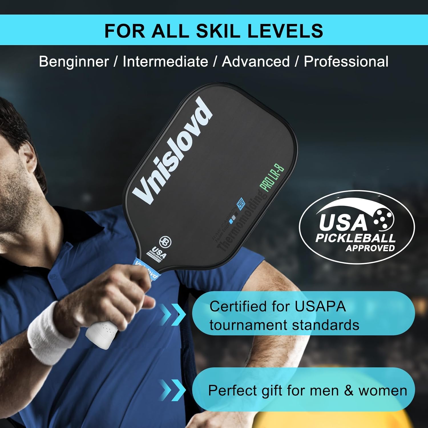 Vnislovd T700 – Paleta de pickleball de fibra de carbono cruda termoformada Unibody Pickleball con espuma inyectada CFS, agarre de 4.13 pulgadas