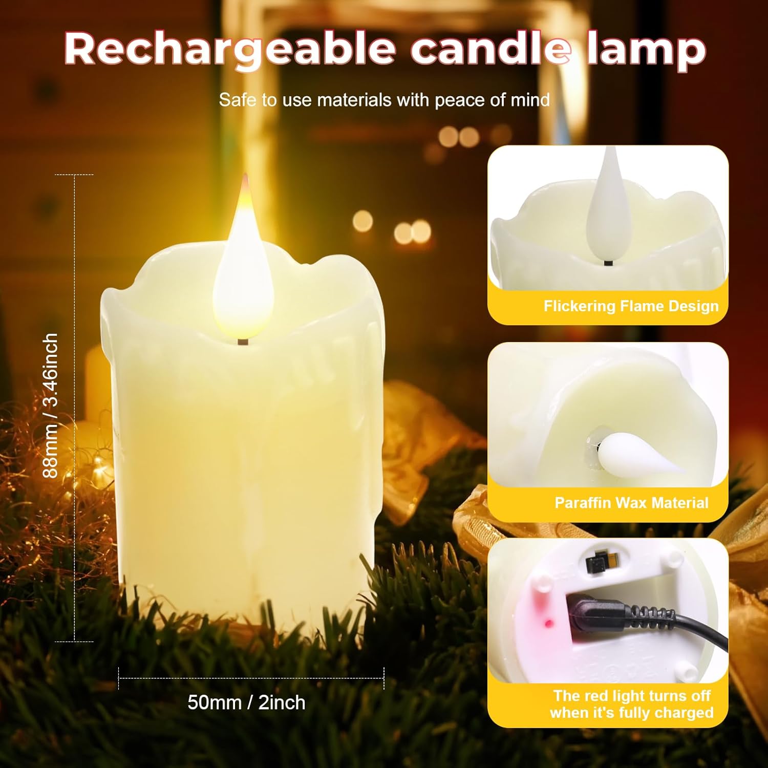 6 velas LED de cera real recargables sin llama, color blanco cálido, control remoto, 2 pulgadas de profundidad x 4 pulgadas de alto, brillo