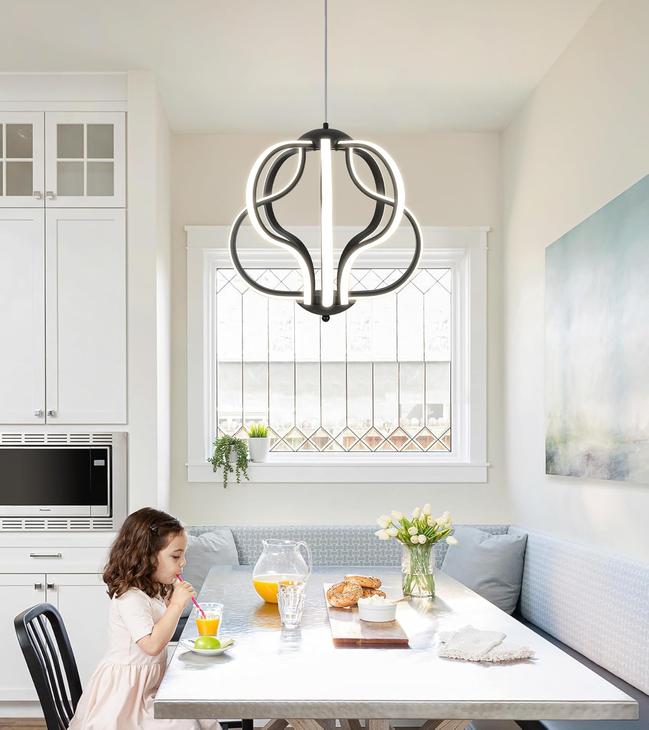 Q&S Lámpara de araña LED moderna, luces colgantes negras para comedor, vestíbulo, entrada, cocina, sala de estar, 8 luces