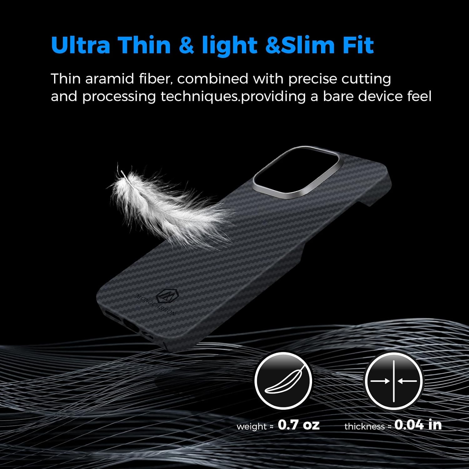MONOCARBON Funda de fibra de aramida real para iPhone 15 Pro, lujosa funda delgada y ligera de 0.04 pulgadas, ajuste delgado y ligero de 6.1