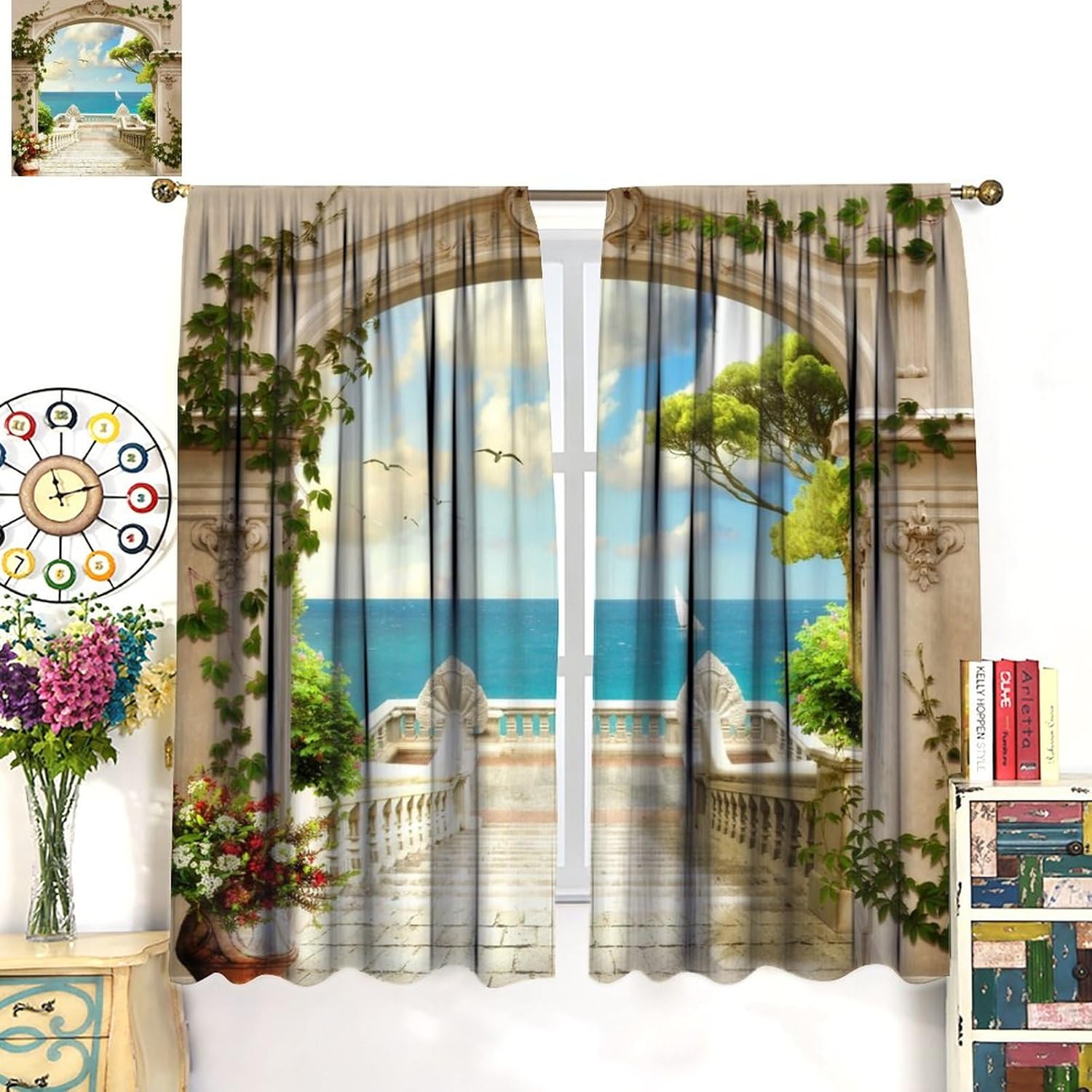 Cortinas de ventana de playa tropical de verano, cielo azul, mar, arco clásico, floral, vides, terraza, gaviotas, dormitorio, estudio, habitación de