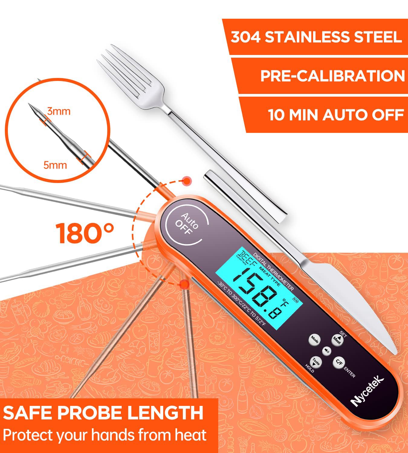 Digital Cooking Thermometer, Accurate & Waterproof Instant Read Meat Thermometer with Backlit, Calibration, Probe, Food Thermometer for Kitchen,