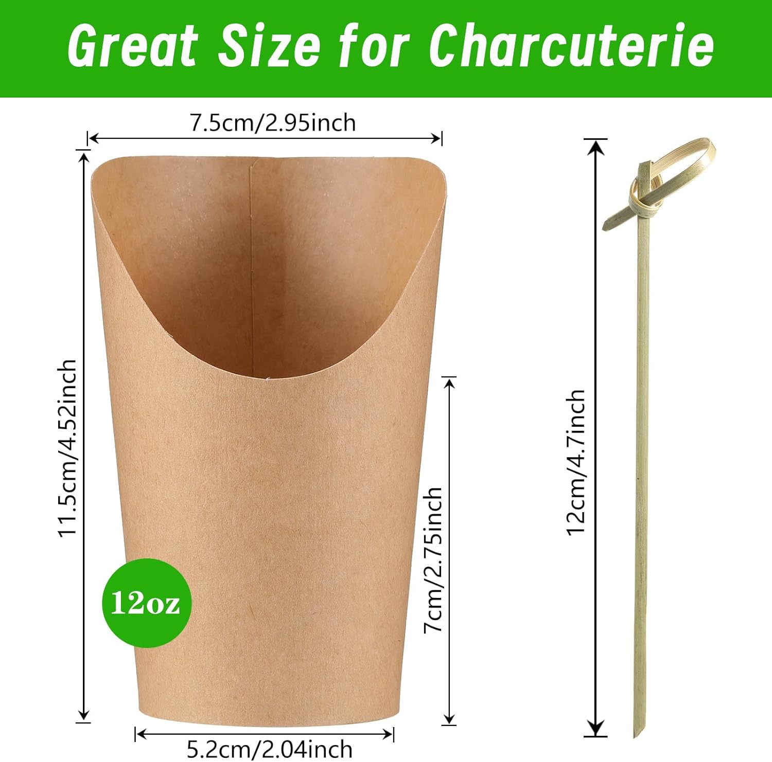 Juego de tazas de charcutería de 12 onzas, 24 tazas con 100 púas de coctail, soporte para papas fritas y brochetas de nudo de bambú, kit de