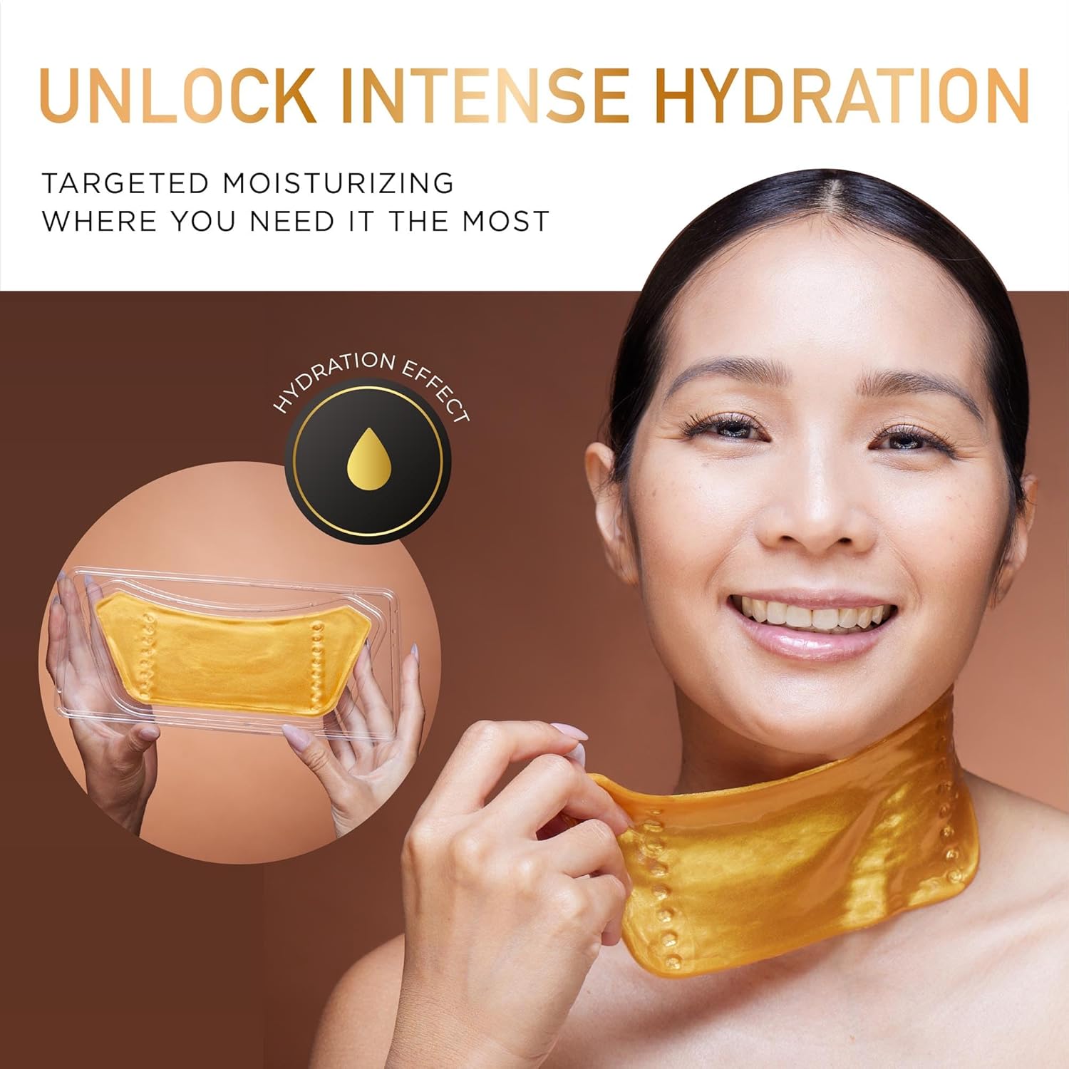 DERMORA Máscara de tratamiento para la piel, máscara de cuello con brillo dorado, paquete de 20 máscaras de gel para el cuello, máscaras