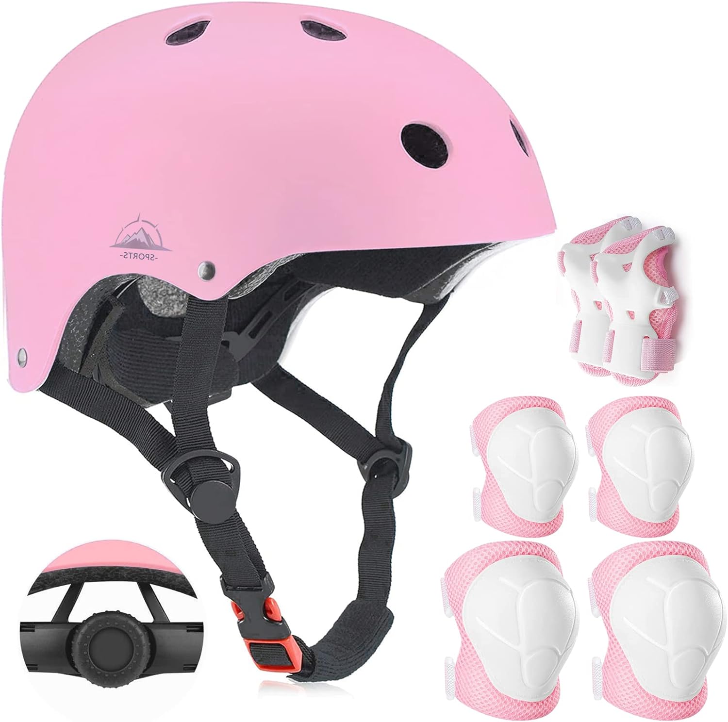 Juego de casco para niños, rodilleras para niños, rodilleras, coderas, muñequeras con casco, conjunto de equipo de protección ajustable para niñas,
