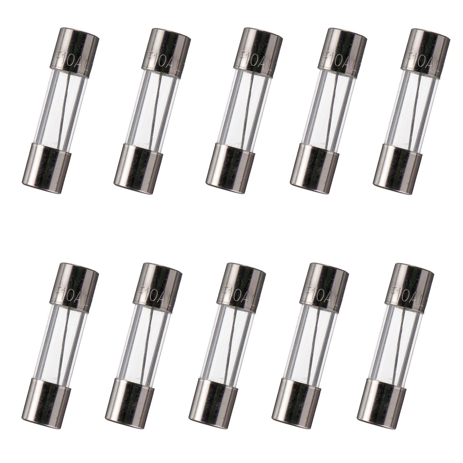 BOJACK Fusibles de vidrio de soplado rápido F10AL125V de 0.197×0.787 in 10 A 10 amperios 125 V 125 voltios 0.2×0.78 pulgadas (paquete de 10 piezas)