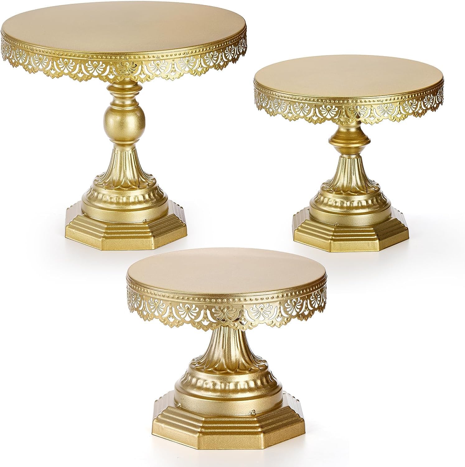 YOUEON Juego de 3 soportes de metal dorado para tartas, soportes redondos de 81012 pulgadas para mesa de postre, soportes de postre dorados, soporte