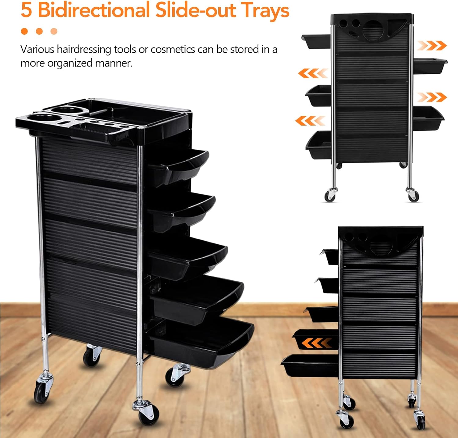 GORLENKEBeauty – Carrito de peluquería con ruedas con 5 cajones, carrito de peluquería con ruedas, color negro Y