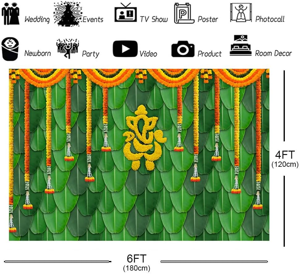 Ticuenicoa Fondo de fotografía tradicional India Pooja de 6 x 4 pies, diseño de hojas de plátano, fondo verde Chatiya Ganesh, caléndula Puja