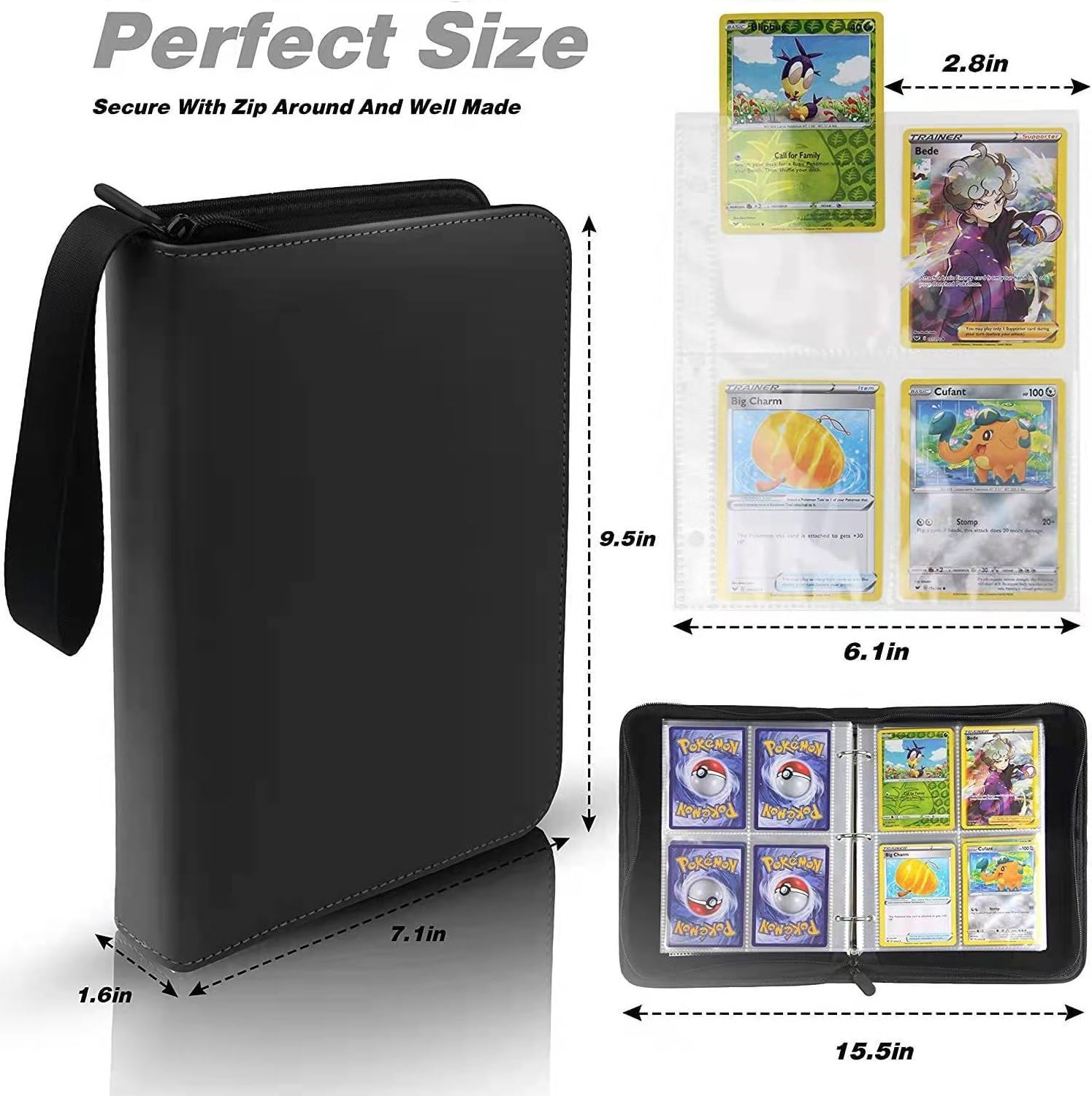Carpeta de tarjetas coleccionables de 4 bolsillos, 400 bolsillos para tarjetas de Pokémon con cremallera, 50 fundas compatible con tarjetas