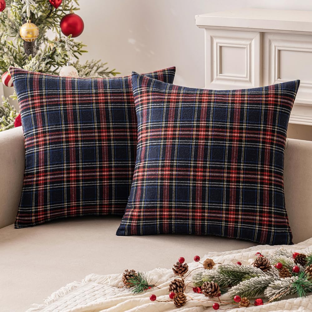 MIULEE Juego de 2 fundas de almohada de cuadros escoceses de Navidad clásicas, decorativas, cuadradas, para decoración de sofá, sofá, 22 x 22