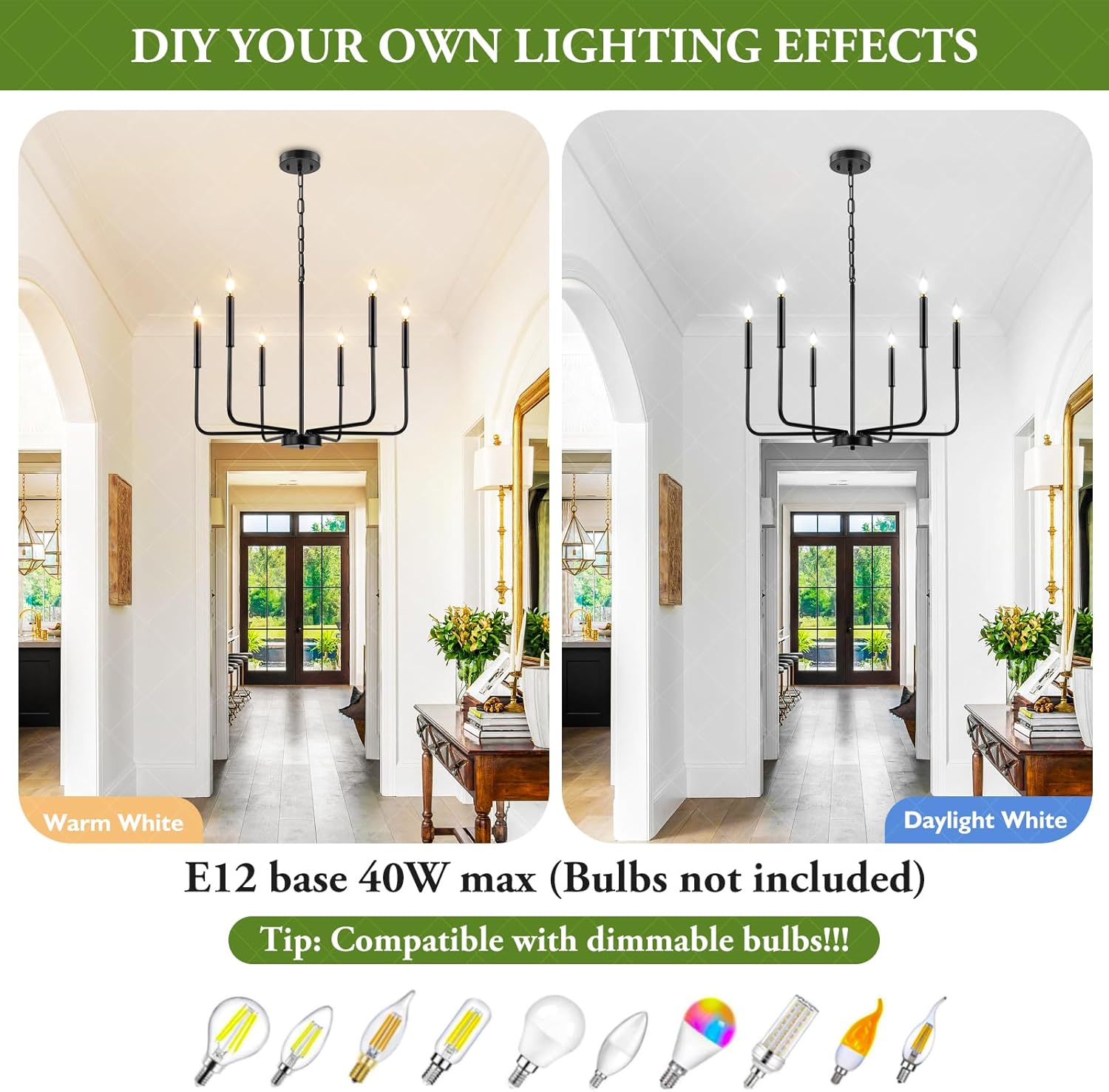 Candelabro negro, 6 luces modernas de granja para accesorios de iluminación de comedor, iluminación industrial rústica colgante de vela para
