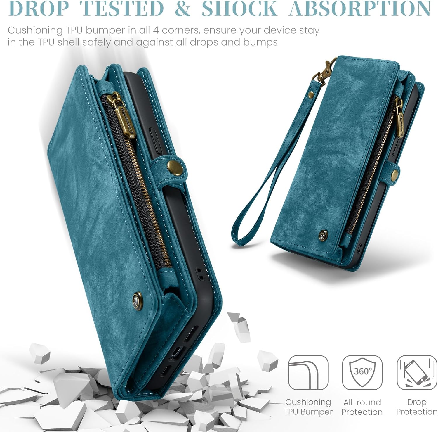 Kowauri Funda tipo cartera para iPhone 15 Pro, cartera de piel con cremallera y soporte para tarjetas, correa para la muñeca, desmontable,