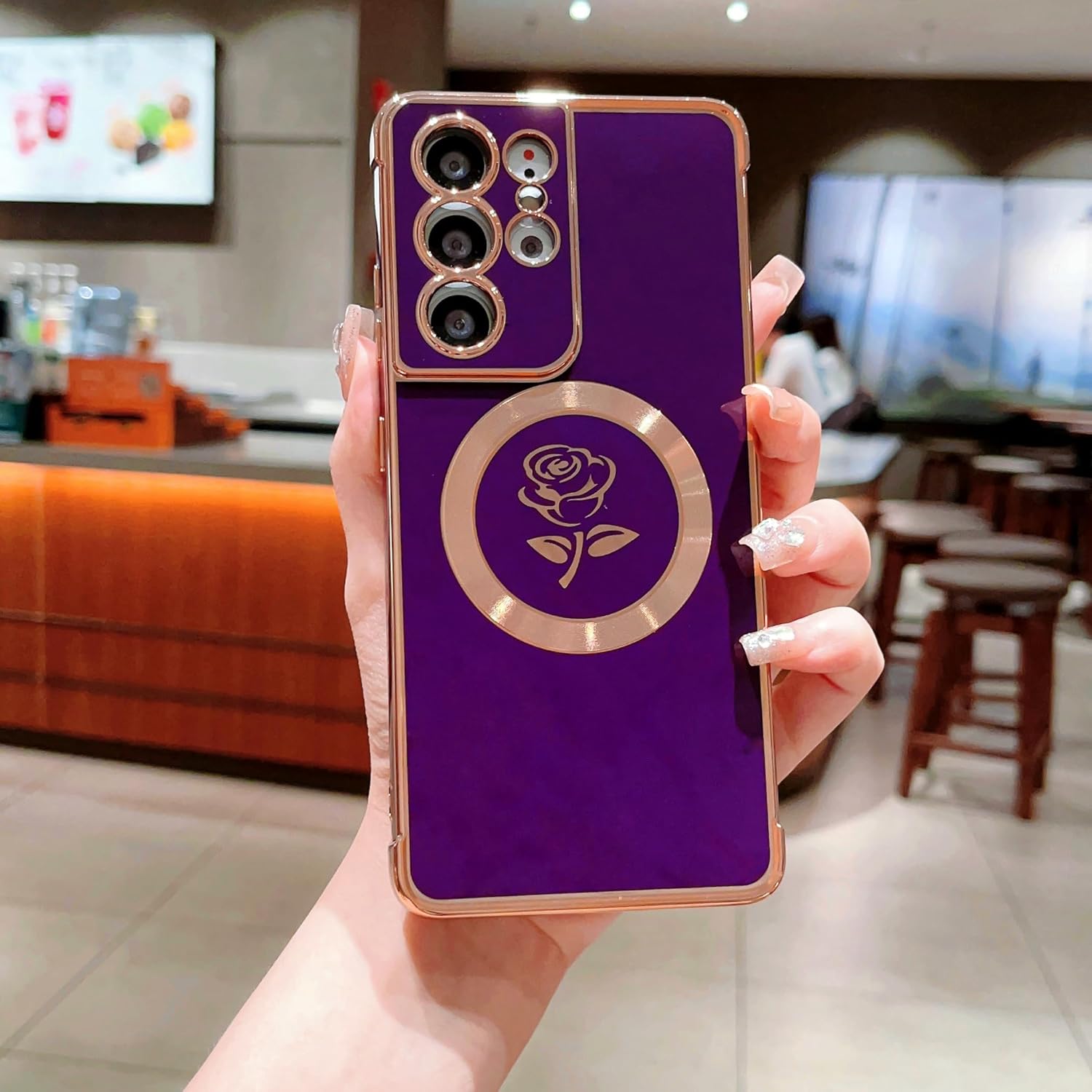 XAYAH Funda ultra magnética para teléfono Samsung Galaxy S21 compatible con MagSafe, bonita funda de flor de rosa para mujer, cubierta de silicona