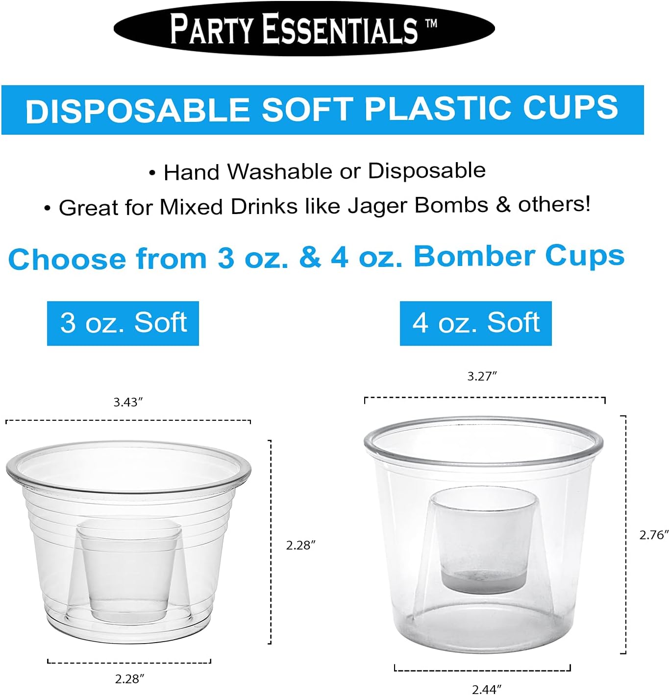 Party Essentials Jager Blaster – Vasos de plástico suave, 3 onzas, 100 unidades, transparentes