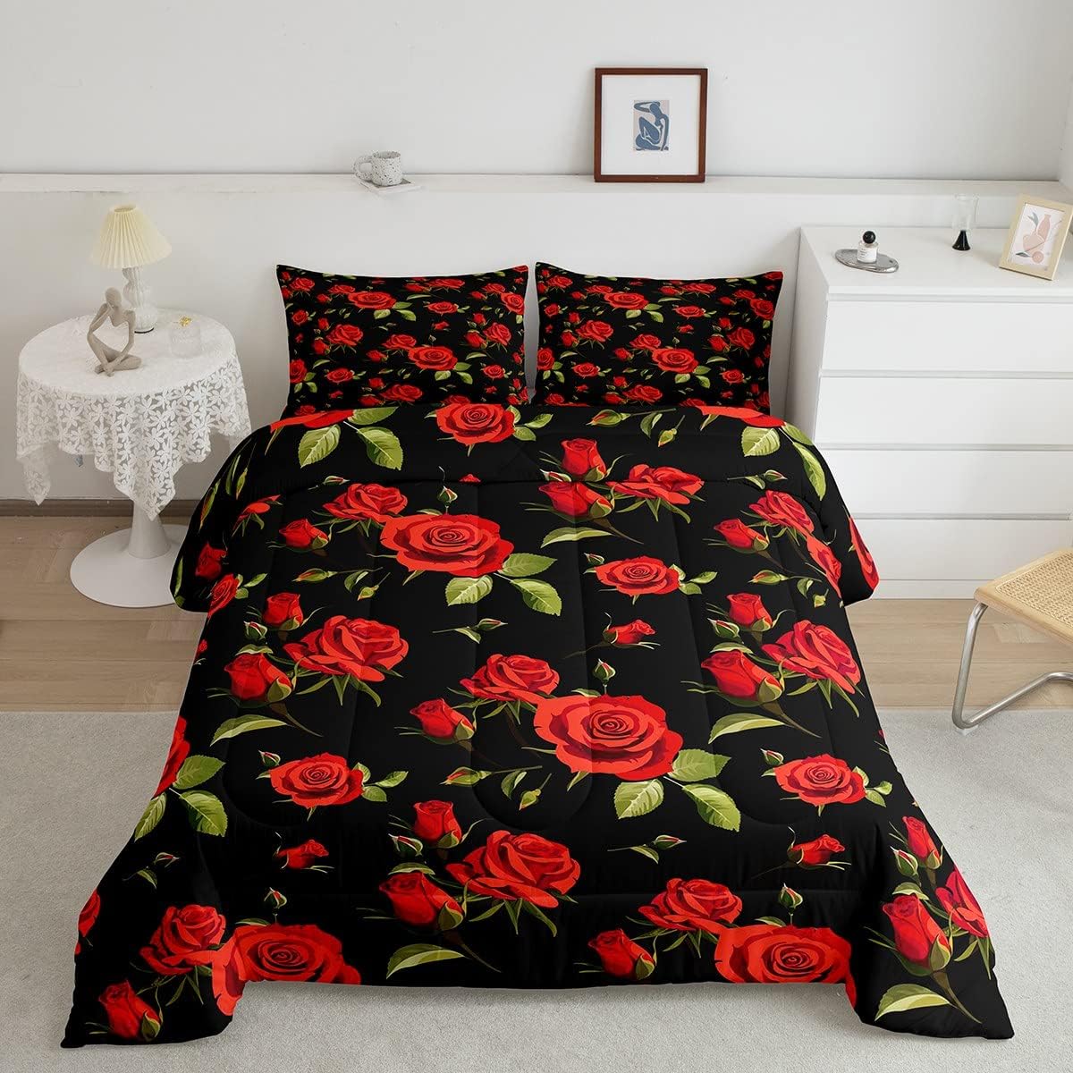 Erosebridal Juego de ropa de cama para mujer, diseño de flores rojas, tamaño individual, edredón acolchado con flores románticas de San Valentín,
