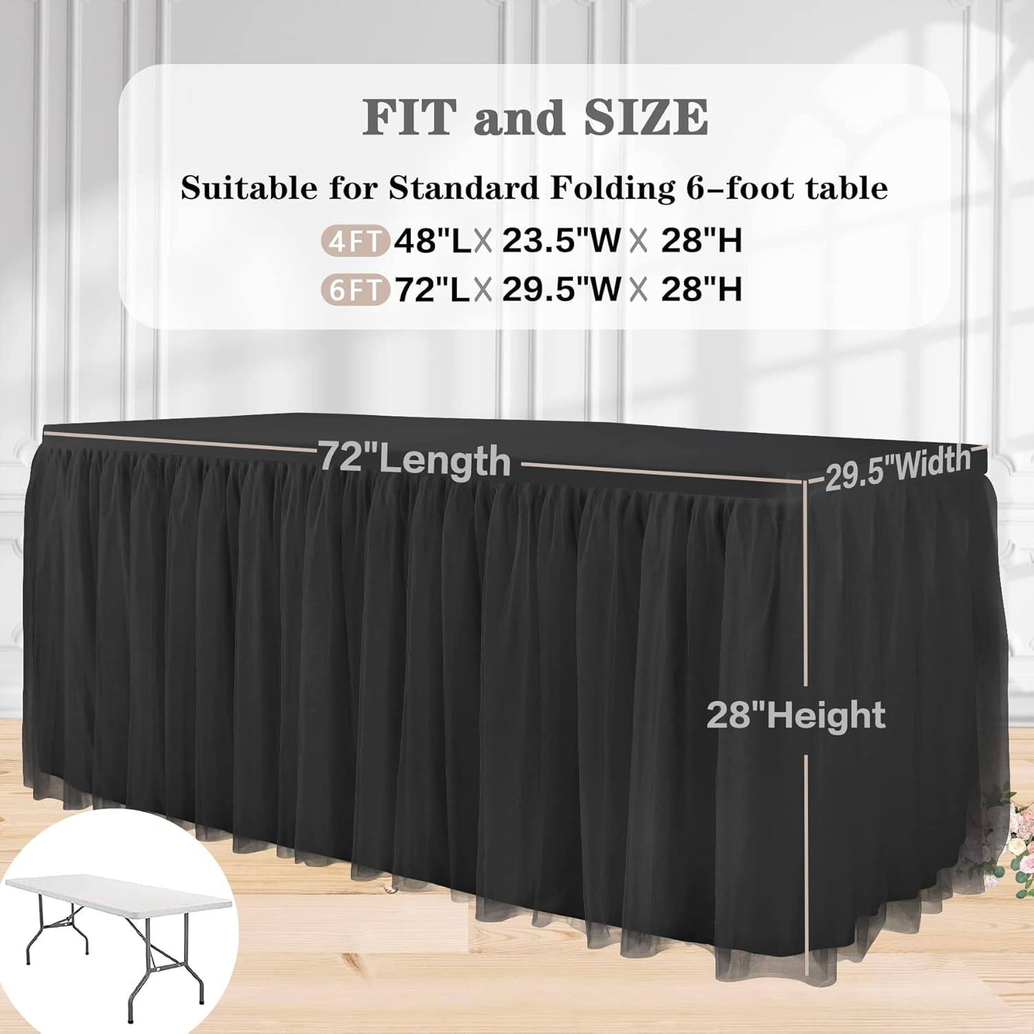 Suppromo Falda de mesa de tul negro para mesas rectangulares de 6 pies, mantel de elastano negro con falda de mesa tutú para graduación, baby