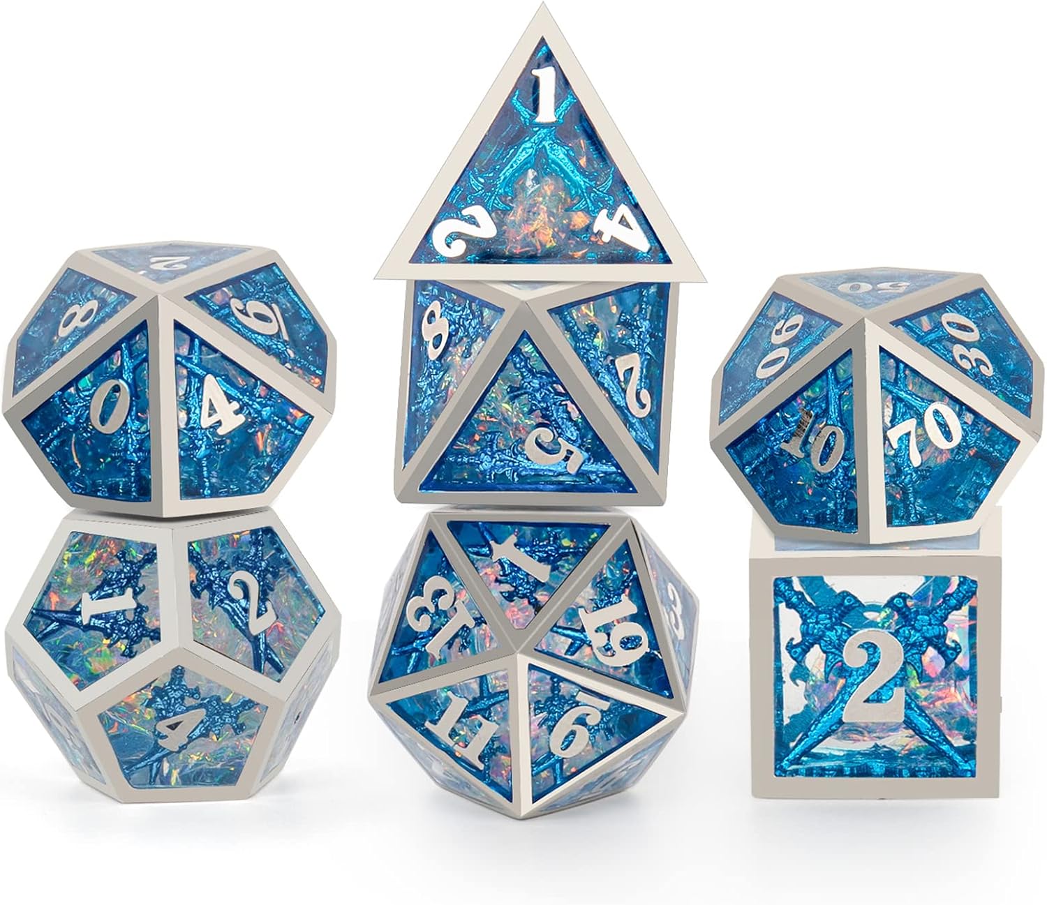 Dados DND, dados de metal huecos D&D, dados de resina de doble espada con caja de regalo para juegos de mazmorras y dragones, 7 piezas de dados