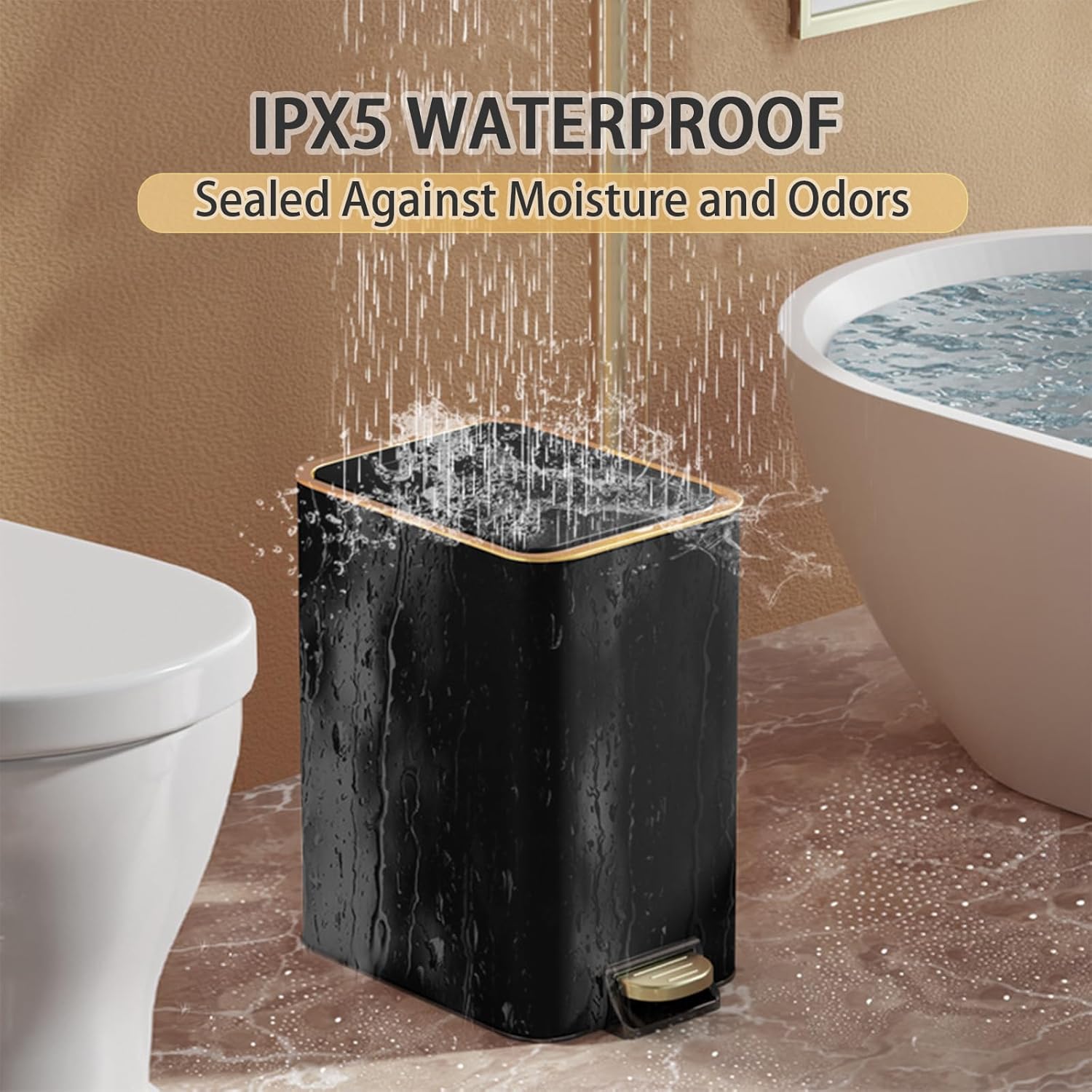 Aupekro Basurero de baño con tapa de cierre suave, 3.1 galones de acero inoxidable con cepillo de inodoro, cubo de basura rectangular con cubo