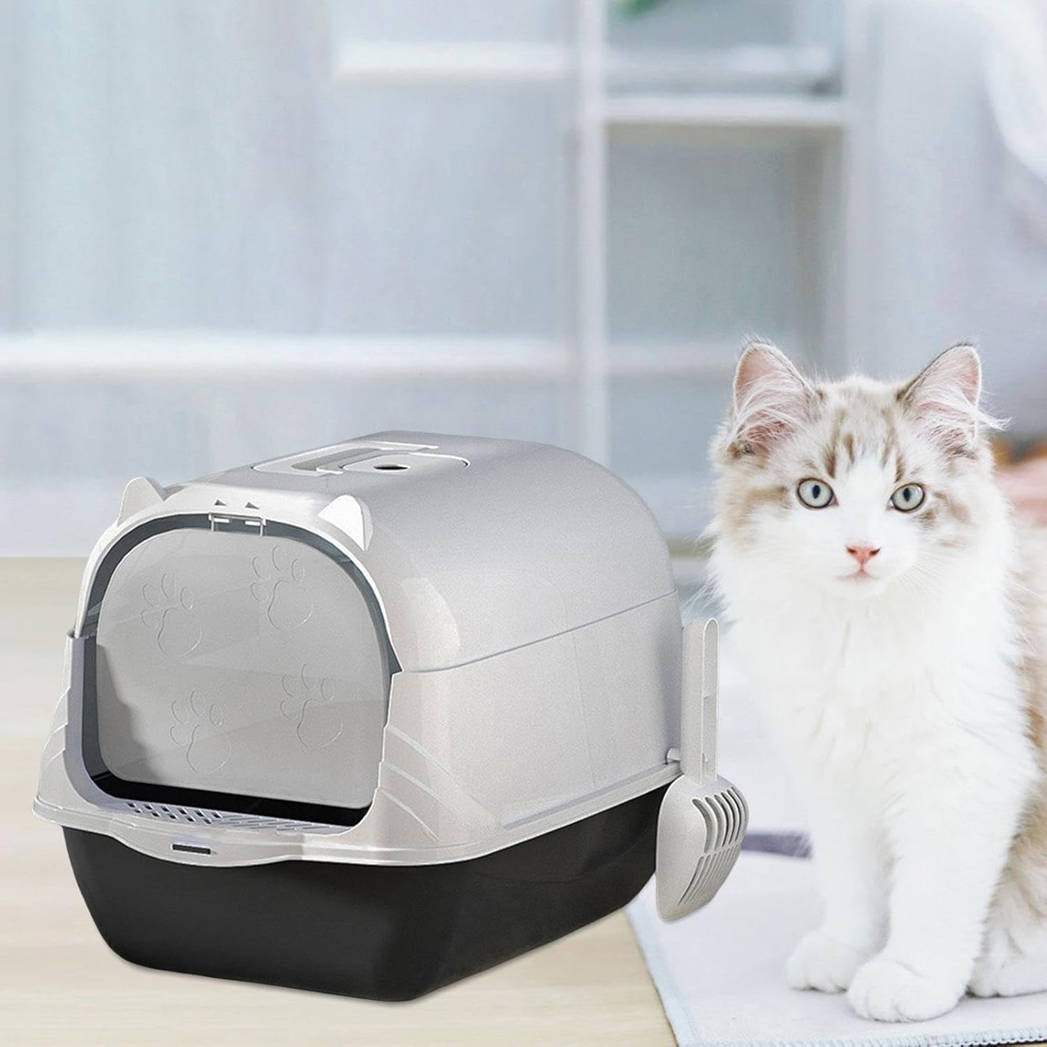 Caja de arena para gatos cerrada y cubierta con capucha para gatos, bandeja de arena duradera de dos vías para puerta móvil, caja de arena profunda