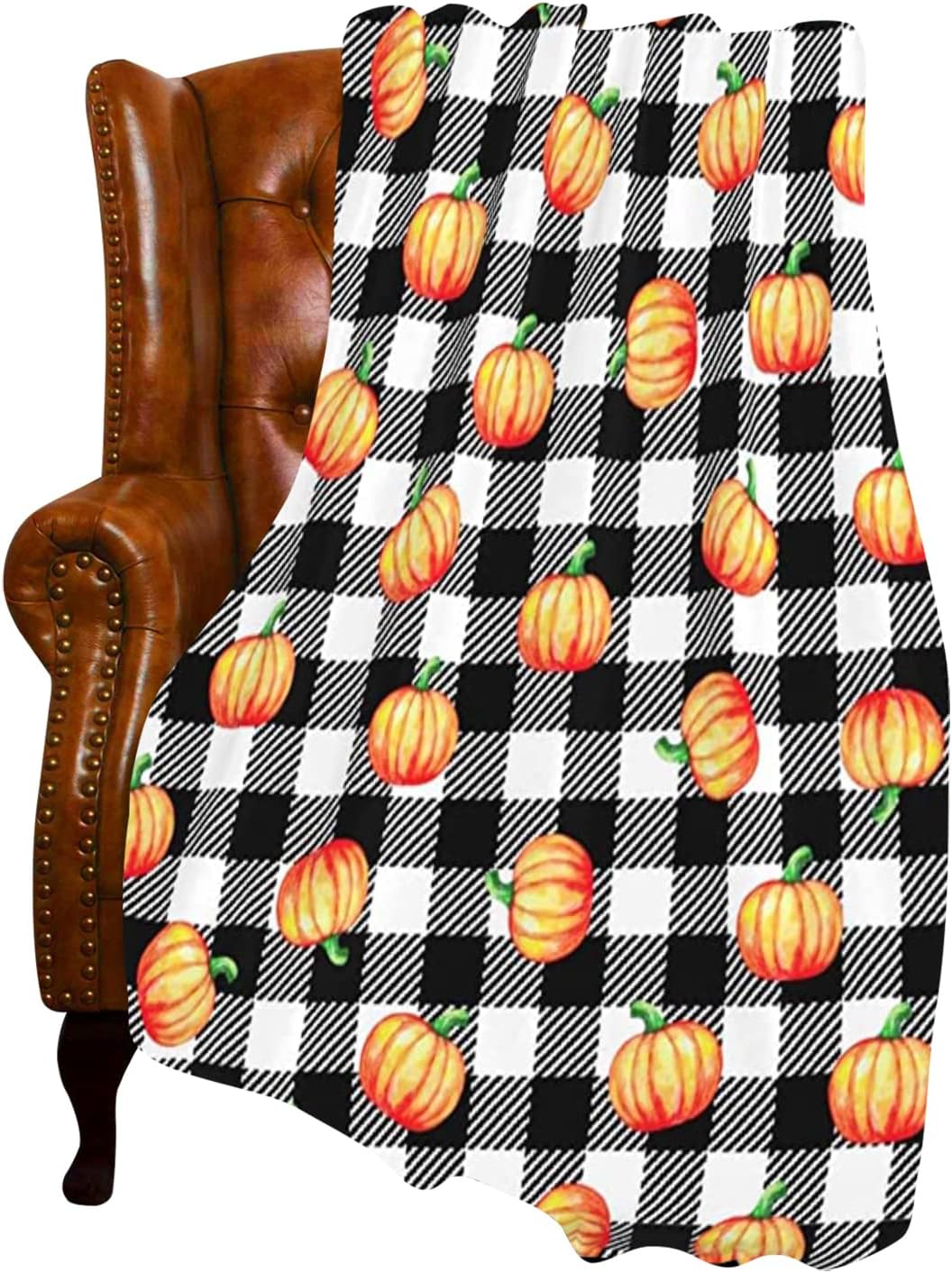 FJPT Manta de otoño de Acción de Gracias, diseño de búfalo blanco y negro con calabazas naranjas, manta de franela de vellón para sofá, cama, sofá,