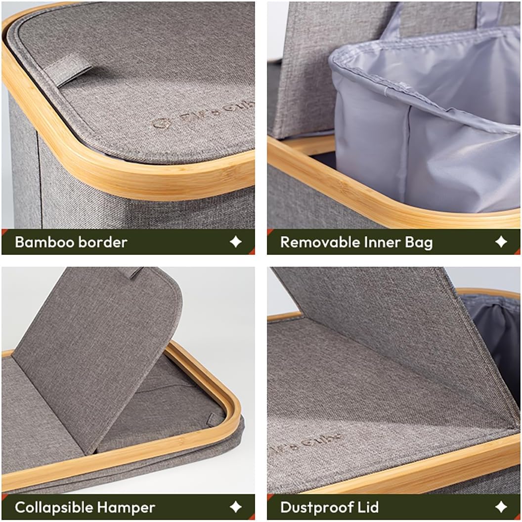 Elf’s Cube Cesta de lavandería doble gris con tapa, cesta de lavandería plegable, cesta de lavandería extraíble para dormitorio, baño, cuarto de