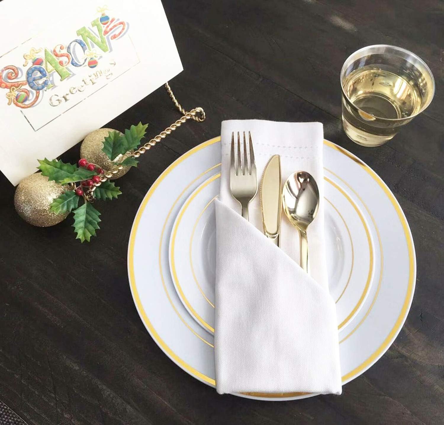 125 piezas oro placas plásticas y cubertería para 25 invitados, platos desechables de plástico resistente con borde de oro y plata para fiesta y