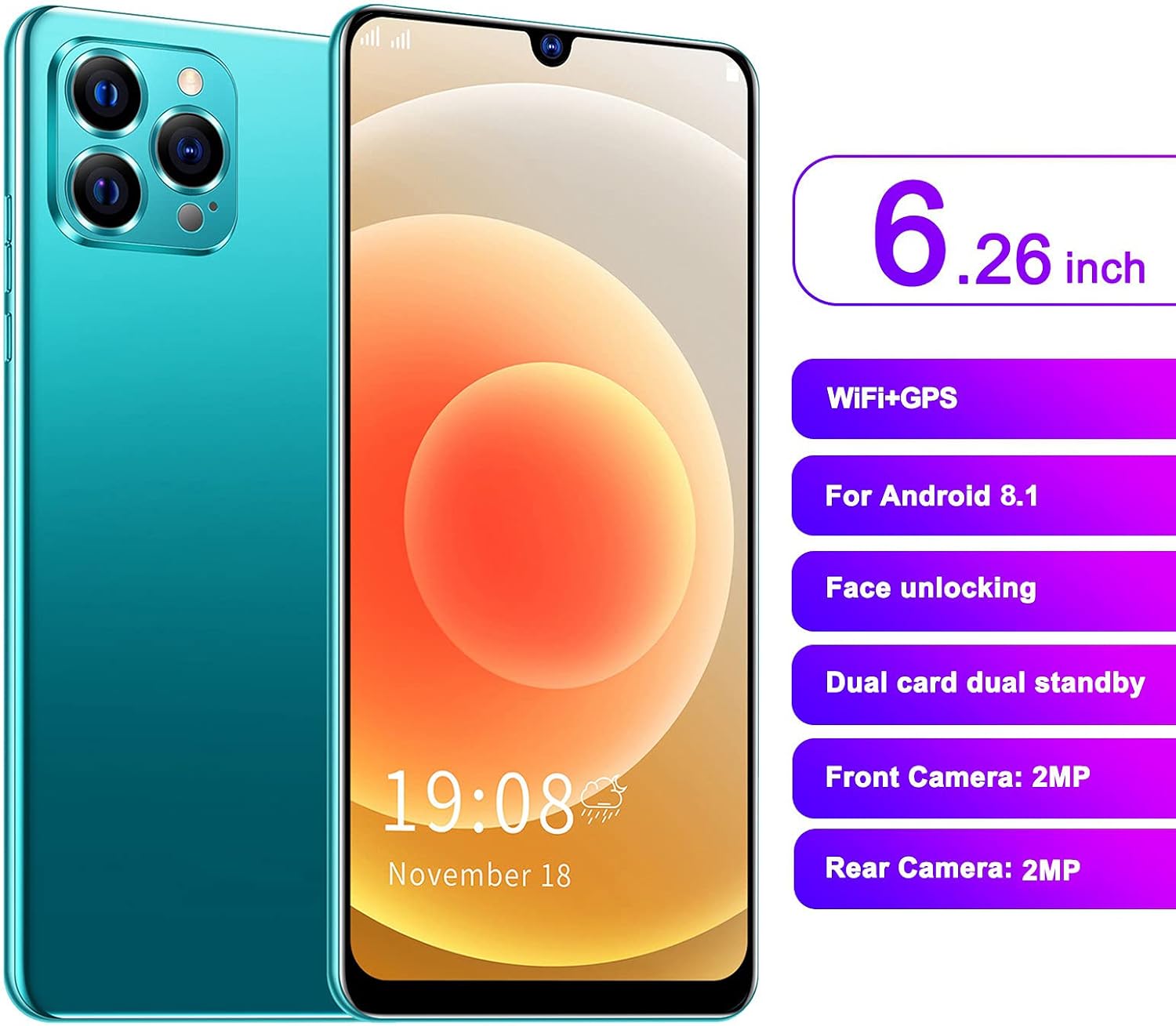 ciciglow Teléfono inteligente, 1+8GB Dual Card Dual Standby Smartphones, batería de iones de litio recargable de 2100 mAh incorporada compatible con