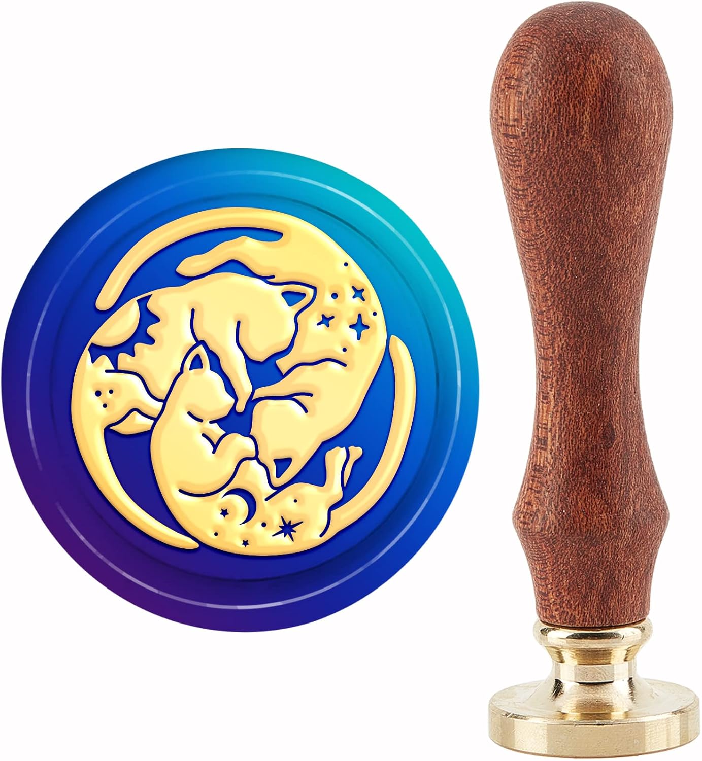 CRASPIRE Sello de cera para gatos, diseño de sol, luna, tres gatos, sello de cobre, 1.181 in, cabeza de sello de latón extraíble retro con mango de