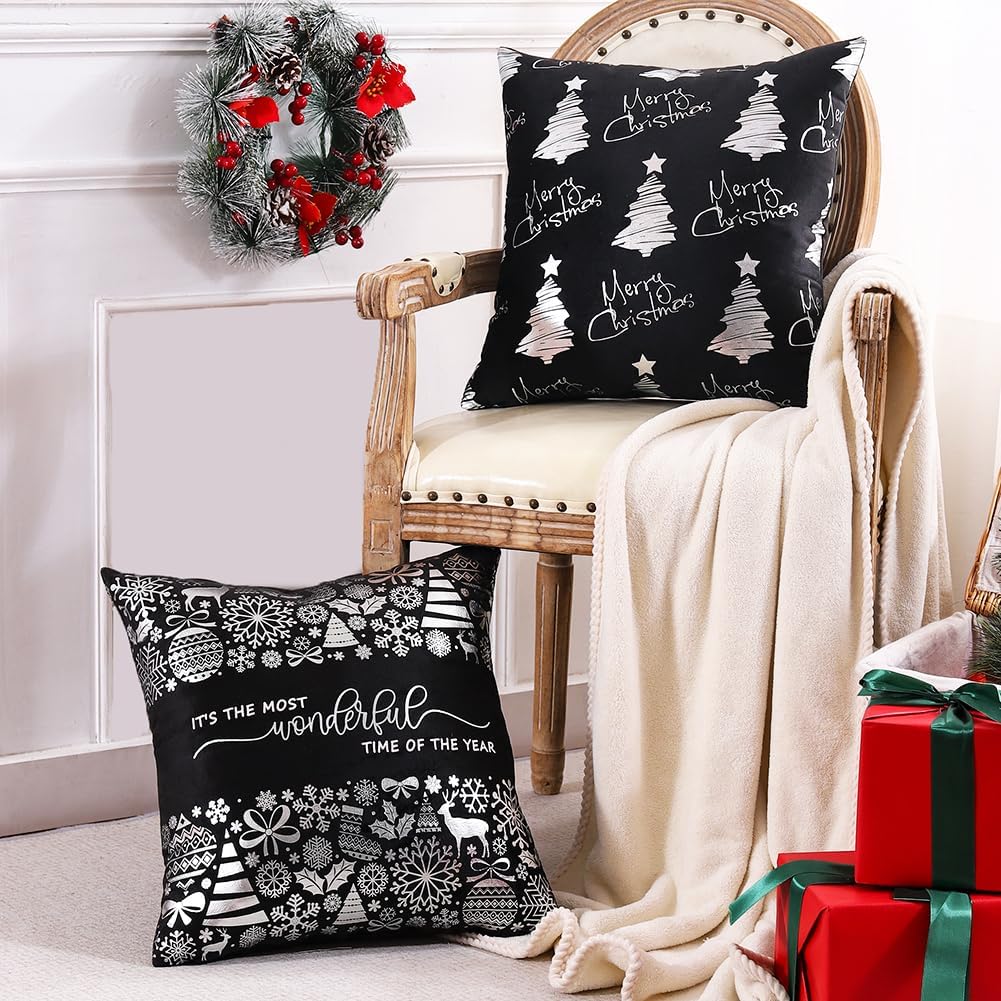 Juego de 4 fundas de almohada navideñas negras y plateadas de 18 x 18 pulgadas, decoración de Navidad plateadas y negras, almohadas decorativas de