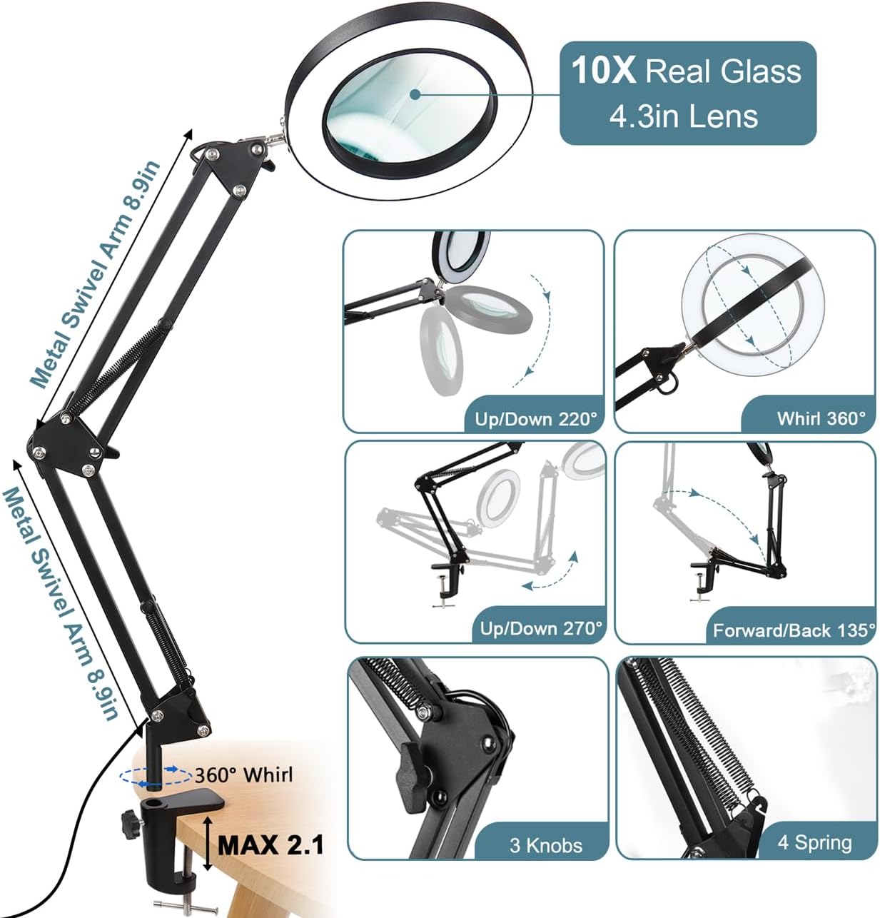 Veemagni – Lupa de 10 veces con luz y abrazadera, 3 modos de color, luz LED de cristal real regulable sin escalones, lámpara de escritorio con brazo