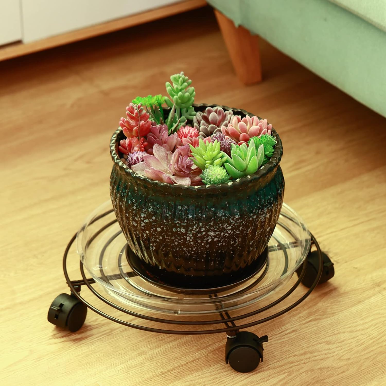 Paquete de 5 soportes grandes de metal para plantas de 13.8 pulgadas con ruedas de hierro forjado de alta resistencia con ruedas para interiores y
