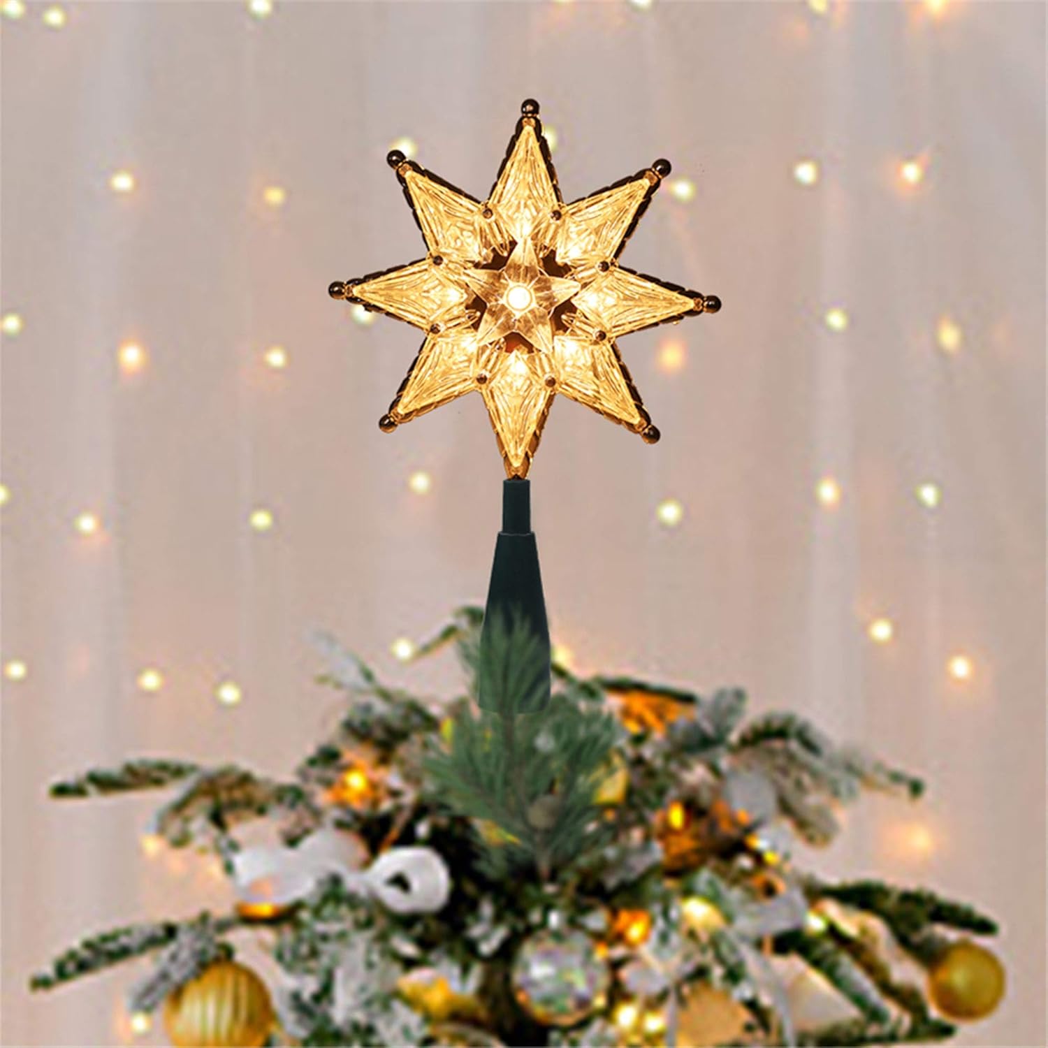 Twinkle Star Decoración para árbol de Navidad iluminada, estrella transparente de 8 puntos con 10 miniluces incandescentes, decoración de árbol de